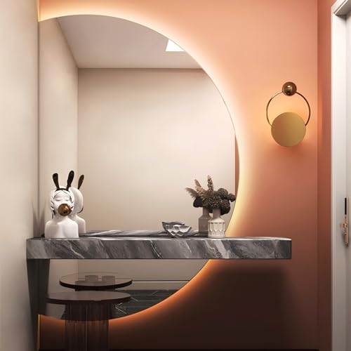 Smart Half Circle LED 100cm/120cm–Anti-Fog Wall Mounted Makeup & Bathroom, Backlit 3-Color Dimmable, Frameless Modern Decorative for Bedroom, Living Room, Entryway, Explosion-Proof Glass (100L*70W CM)