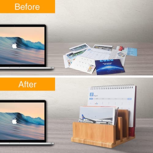 Bamboo Mail Organizer With Rubber Feets, Wishacc Vertical Desk Letter/Envelope/File/Paper/Folder/Bill Holder For Office & Home, Small 3 Sections Desktop Office Supplies Incline Sorter Rack #TOP3