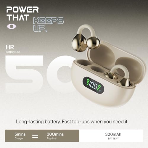 Image of Fire-Boltt Aero Clip OWS Earbud w /Clip-On Fit, Custom EQ, Wireless Bluetooth TWS,50H Playtime, 50ms Low Latency, Display on Charging Case, App Support, Touch Controls, Gaming & Music-Sandstone Beige