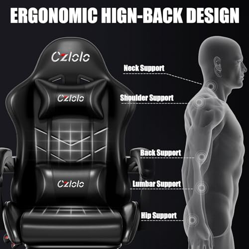 Image of Czlolo Gaming Chair, Ergonomic Office Computer Chair with Footrest and Lumbar Support Massager High Back Video Gamer Chair, Wide&Thick Cushion, 90-135 Recline, Adjustable Height, Carbon Black