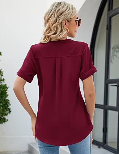 Luyaa Women Blouses Button-Down Shirts Casual V Neck Short Sleeve Chiffon Tops Solid Basic Pocket Blouses Burgundy Xxl #TOP2