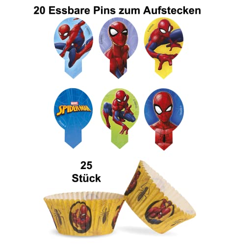 Spiderman Set 20x Essbare Einstecker Pins + 25x Muffinschalen Tortendeko Kindergeburtstag Deko Muffin Cupcakeförmchen mehrfarbig