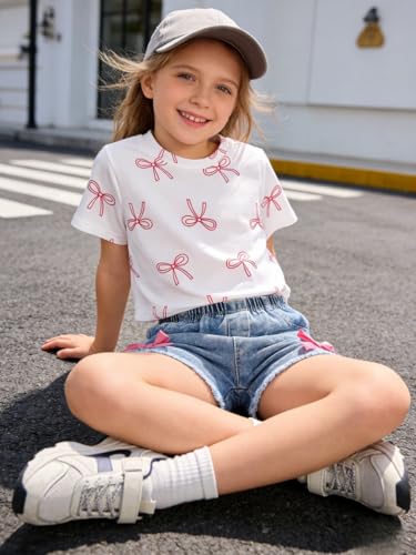 Image of Azmxynol Kid Girls Clothes Outfits Bowknot T-Shirt + 2 In 1 Denim Short Skort Summer Clothing Set, Size 4-10 Years
