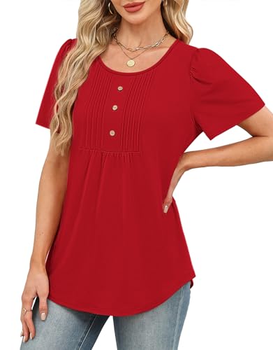 Image of Womens Tops Dressy Casual Blouses Short Sleeve Shirts Plus Size Fashion Clothing Spring Summer Outfits Button Pleated Front