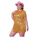 Vestido Flecos Vestido de Fiesta Morado de Talla Grande, Manga Corta, Cuello Redondo, Flecos y Lentejuelas, Minivestido(Gold,XL)