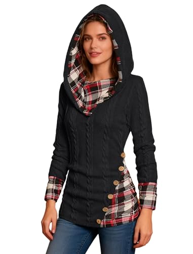 Image of ZEZCLO Women's Twisted Cable Knit Plaid Print Hooded Sweater Mock Button Ruched Shawl Neck Knit Top
