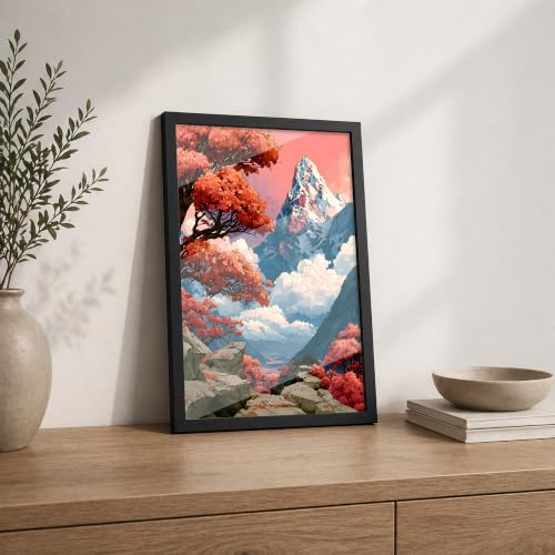 Image of Japanese Mountain Landscape Premium Framed Wall Poster (12x18 Inch) | Red Maple Tree & Snowy Mountain Wall Art | Asian Nature Decor for Bedroom, Living Room, Office & Zen Space