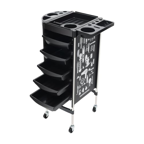 Carrello da parrucchiere, carrello con 5 cassetti, accessorio professionale da parrucchiere, carrello da lavoro con porta asciugacapelli e cestino sospeso, nero