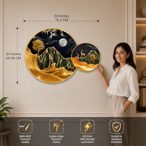 Image of Livin'luxe Premium Golden Mountain Moon Round Wall Painting with Golden PVC Frame, Luxury Gold Landscape Wall Art for Living Room Bedroom Home Decor