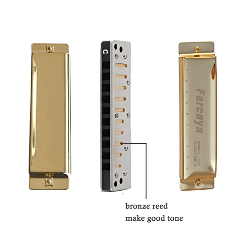 Farcaya Harmonica For Kids Students Beginners Adults Blues Harp Diatonic C Key 10 Holes 20 Tones Metal Mouth Organ With Hard Case And Cleaning Cloth (Gold) #TOP2