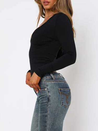 Womens Going Out Tops Lace V Neck Long Sleeve Y2K Crop Slim Fitted T Shirts3