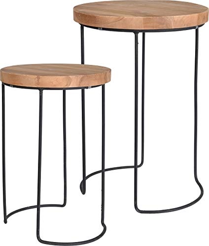 Möbelbörse Runde Couchtische im 2er Set Kaffeetisch aus Teak und Metall Satztisch Holztisch Blumenständer Blumenhocker Tisch Massivholz Rund Set