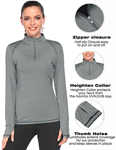 Womens Long Sleeve Hiking Shirts Upf50+ Sun Shirt 1/4 Zip Pullover Quick Dry Lightweight Half Zip Golf Shirts For Women Grey X-Large #TOP3