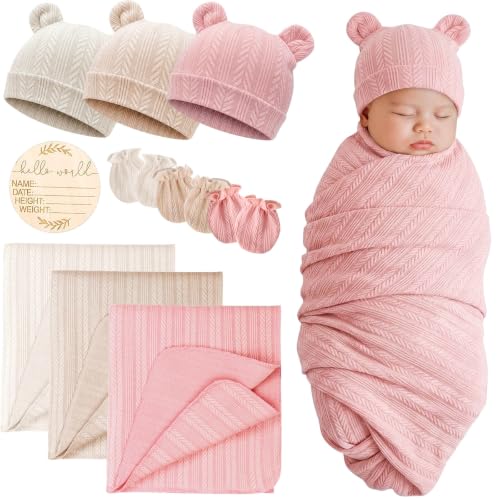 Image of BQUBO 3 Sets Baby Swaddle Blankets Swaddling Wrap with Hats Mittens Newborn Soft Silky Nursery Receiving Blanket Cute Bear Ears Hat Elastic Gloves Set for Unisex Baby 0-3 Months