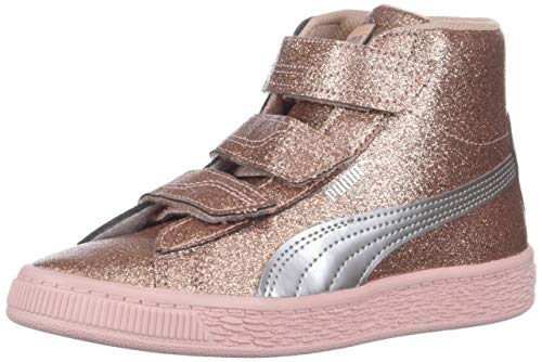 PUMA Baby Basket Mid Strap Glitz Kids Sneaker, peach beige, 4 M US Toddler