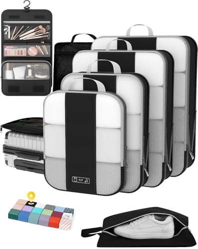 Image of OlarHike 8 Set Compression Packing Cubes for Travel Essentials,Compressible Expandable Space Saver Bags for Organizing Clothes,Luggage Suitcase Garment Bags with Over 1000 pcs Mesh Holes(Black)