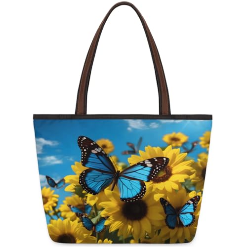 Beautiful Butterfly Sunflower Tote Bag Multi Pocket Zippered Beach Bag Lightweight Waterproof Handbag for Women Men Work Gym Travel Swimming Yoga Grocery Shopping M