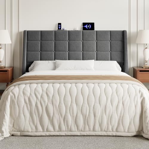 Image of Queen Size Headboard with Charging Station, Wingback Ergonomic Headboards | Wingback Upholstered Bed Head Board with Storage Pocket, Sturdy Stable Solid Wood Headboard, Bed Frame Adapters, Dark Grey