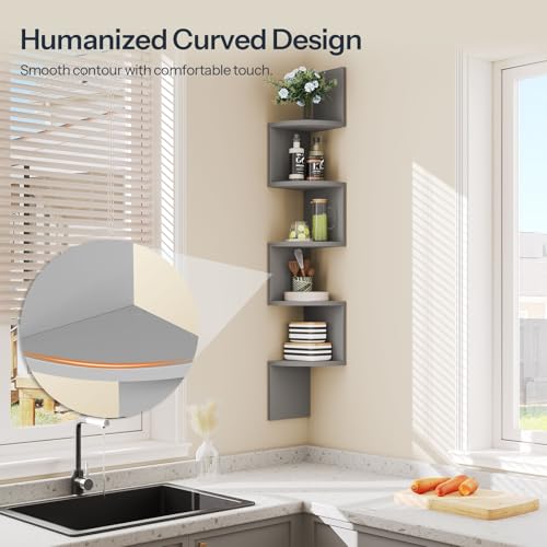 Image of HOOBRO Corner Shelf Wall-Mounted, Set of 2 Floating Corner Shelves for Wall, 5-Tier Bookshelves for Wall Decor in Living Room, Bedroom, Home Office, Dove Gray GY26BJP201