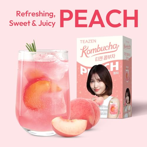 Image of TEAZEN Peach Kombucha Powder, Hydration Drink Mix, Sugar Free, Live Probiotics & Prebiotics, On-the-Go 10 Packets, 1.76oz