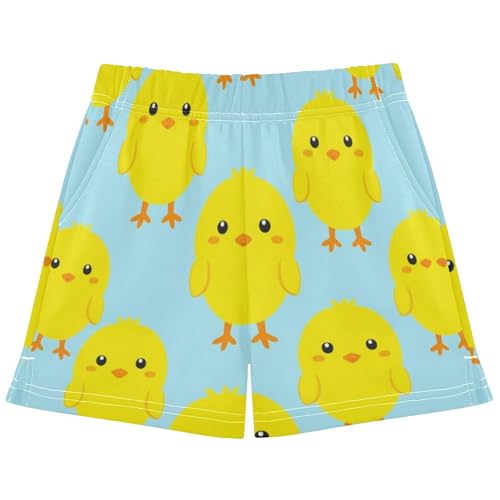 Girls Cute Yellow Chick Blue Print Shorts Kids Summer Pajamas Comfy Athletic Activewear for Teens Youth, X-Small