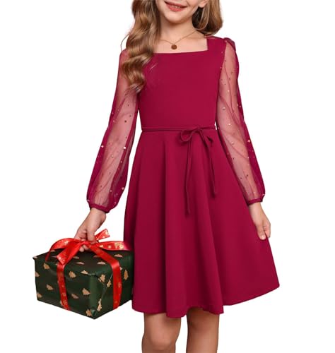 GRACE KARIN Mädchen A-Linien Kleid Tüll Ärmel Quadratischer Ausschnitt Elegant Partykleid Rotwein 6 Jahre