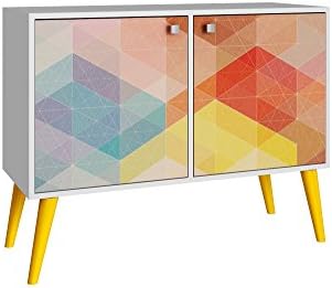 Manhattan Comfort Avesta Double Side Table 2.0 Collection Free Standing Modern Side Table / TV Stand with Storage Includes 2 Doors with 3 Shelves and Features Splayed Legs, White/Stamp/Grey Legs