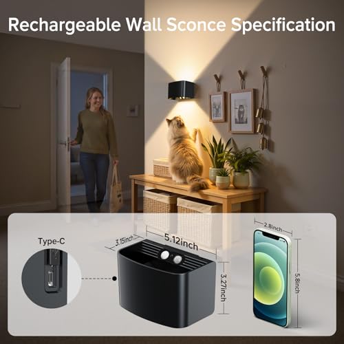 Motion Sensor Wall Light with Remote Control, 5000mAh Rechargeable Wireless Wall Sconce Set of 2, Motion Sensor Night Light Adjustable Brightness & Angle, Up and Down Battery Powered Wall Lamps Indoor — view 2