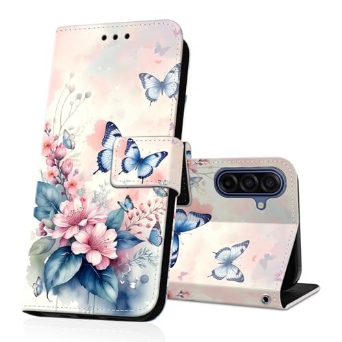 DiaryTown Funda para Samsung Galaxy A17 Cartera Carcasa Libro de PU Cuero Tapa Flip Folio Case Dibujos Ranura Tarjeta Función Antigolpes Protectora Cover Galaxy A17 5G / 4G - Flor Rosa Mariposa Azul