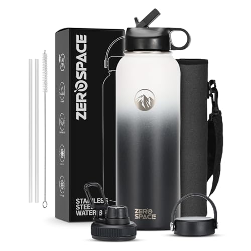 ZeroSpace Stainless Steel Water Bottle, 1200ml Insulated Water Bottle with Straw & Brush, BPA-Free Double Wall Vacuum Thermos Flask for Hot & Cold Drinks, Gym, Travel, Office (White/Black)