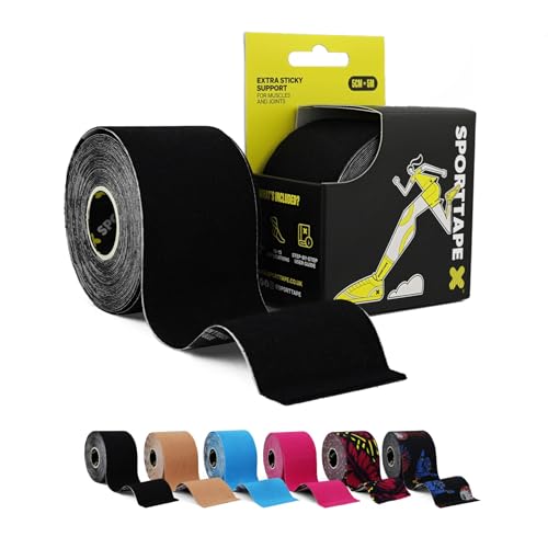 SPORTTAPE Kinesiology Tape - 5m Roll - Black | Physio & Sports Injury Muscle Tape for Shoulder, Knee, Ankle Shin Splints Support. Waterproof & Hyopallergenic Kinetic Sports Tape
