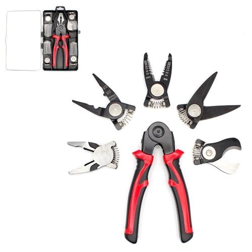 FISHTEC - Pince Multifonction 5 En 1 À Têtes Interchangeables - Universelle Dénuder Long Bec Coupe Câble Ciseaux Matériaux CRV60 4Cr13 Acier Carbone Manche TPR Boîte ABS 300 g Atelier