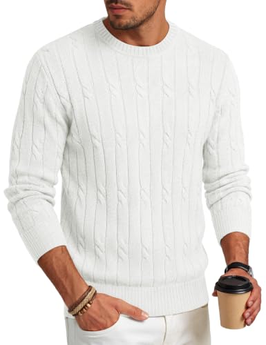 Image of TACVASEN Mens Jumper Crewneck Long Sleeved Cable Knit Sweaters White