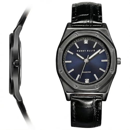 Perry Ellis Ultra Slim Diamond Men’s Watch – Octagon Dark Blue Sunray Dial, Gunmetal Leather Strap, Water-Resistant Analog