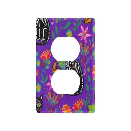 BOESI Doodle Cat and Flowers Light Switch Cover Trim, Switch Panel Trim, Receptacle Cover, Double Receptacle Receptacle Cover, 4.53 * 2.76 inches