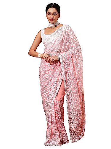 Image of AKHILAM Women's Botanical Embroidered Designer Organza Saree With Unstitched Blouse Piece (7KAVI701)