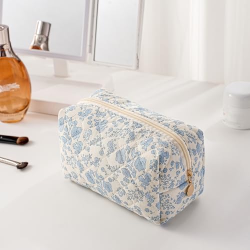 JOVAKIT 2Pcs Makeup Bag Quilted Cosmetic Bag for Women Girls, Floral Coquette Cotton Toiletry Zipper Make Up Pouch, Travel Storage Organizer Pouch (Blue Floral)2