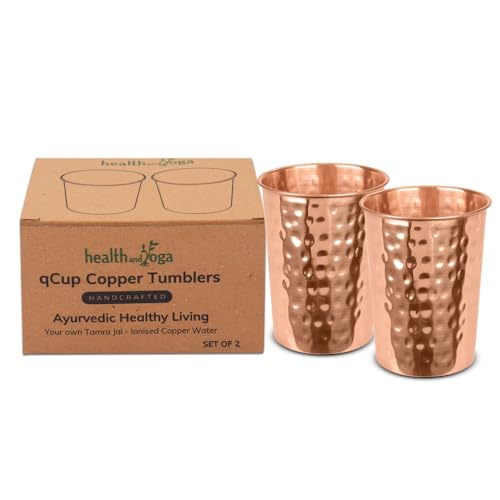 HealthAndYoga™ qCup Vasos de cobre puro para beber – Vasos de cobre puro para salud ayurvédica – Juego de 2 piezas – 250 ml (martillado)