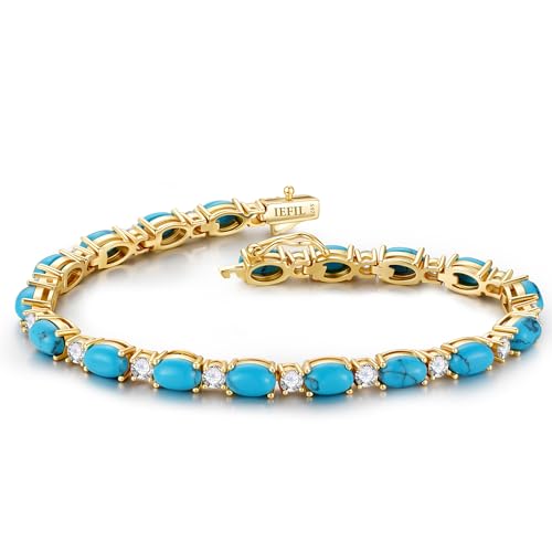 Iefil Simulated Turquoise Tennis Bracelets for Women - Simulated Turquoise Jewelry Gold Plated Birthstone Bracelet 925 Sterling Silver Anniversary Birthday Gifts for Women Jewelry Gifts for Woman Her 7