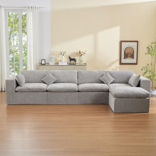 Image of 146''Cloud Boneless Sectional Couch, Modular Sectional Sofa Deep Seat with Ottoman, Oversized Upholstered Convertible Comfy 5 Seater Chenille Sofa L Shape Couches for Living Room, Light Grey
