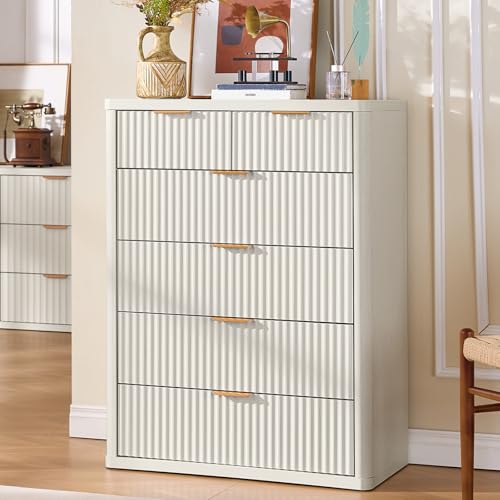 Image of LEYAOYAO Fluted 6 Drawers Dresser for Bedroom Set of 2, 42 inch Tall Modern Chest of Drawers with Metal Handle, Curved Profile Design,White Wood Drawer Organizer for Bedroom, Living Room, Hallway