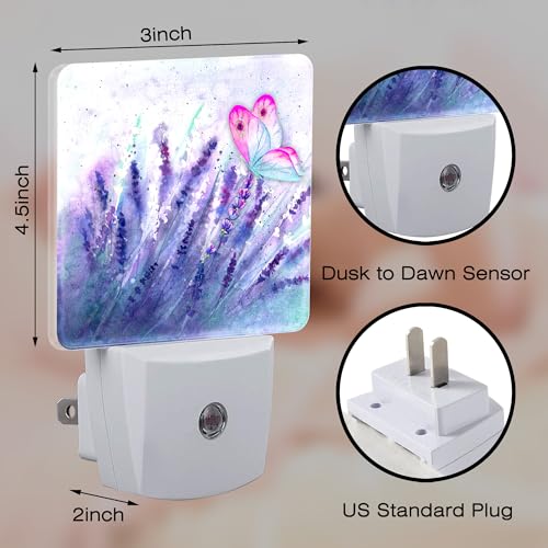 Image of Lavender with Pink Butterfly Night Light for Kids, Watercolor Purple Meadow Floral Night Light Plug in with Dusk to Dawn Sensor, 0.5w Energy Saving Nightlight for Hallway Stairway Kitchen Bedroom