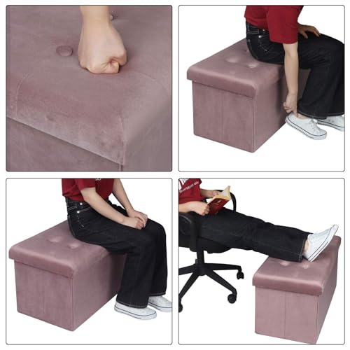 WOLTU Otomano y reposapié con Tapa, Taburete Puff de Terciopelo, Taburete Plegable de Almacenamiento 76x37,5x38 CM Rosado - imagen 6