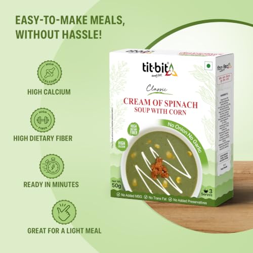 Image of Tit-Bit Cream of Spinach Soup with Corn, No Onion No Garlic, Ready-to-Cook Soup Mix, No Added MSG, No Trans Fat, No Added Preservatives, Pack of 5, 50g Each