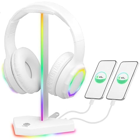 charlxee RGB Headphone Stand with 2 USB-C Charging Port and 1 USB Charging Port, Desk Gaming Headset Holder with 7 Light Modes and Non-Slip Rubber Base Suitable for All Earphone Accessories (White) Cover