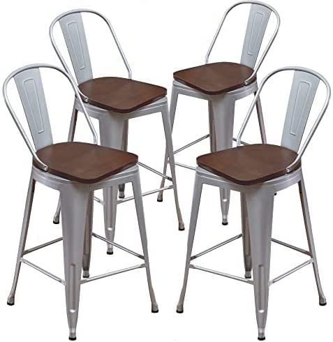 Image of Aklaus Swivel Metal Bar Stools with Backs Counter Stools Set of 4 Counter Height Stools High Back Bar Chairs 26 Inches Barstools Farmhouse Silver