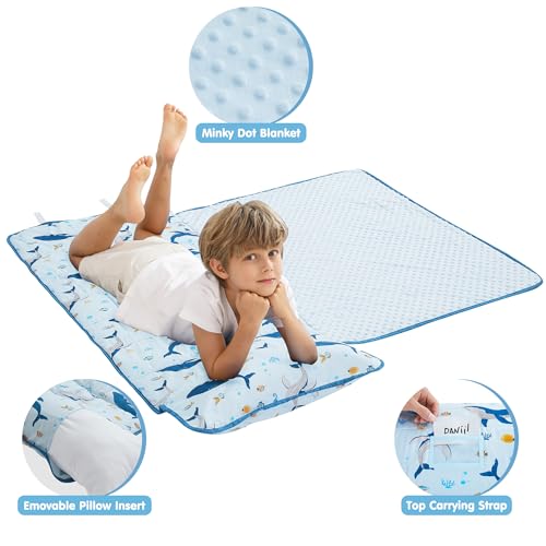 Image of Viviland Toddler Kid Nap Mat for Preschool, Boys Blue Ocean Whale Slumber Bag, Daycare Sleeping Bag with Pillow and Blanket, Kindergarten Sleep Mat