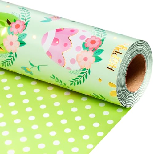 MAYPLUSS Easter Wrapping Paper Roll Floral Easter Gift Wrapping Paper Featuring Gold Egg Reversible Polka Dot for Kids Girls Boys
