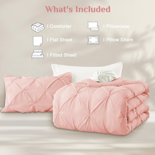 JOLLYVOGUE Twin Comforter Set 5 Pieces - Bed in a Bag Twin for All Season, Pintuck Bedding Comforter Sets with Comforter, Flat Sheet, Fitted Sheet and Pillowcases & Shams, Pink & Ivory by JOLLYVOGUE - Used condition - Image 7