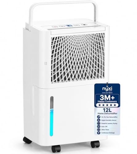 Nyxi 12L Per Day Dehumidifier Digital Humidity Sensor Powerful Laundry Drying Auto-Off 24hrs Timer Continues Drainage Removes Condensation Humidity Damp Moisture Ideal for Homes Offices